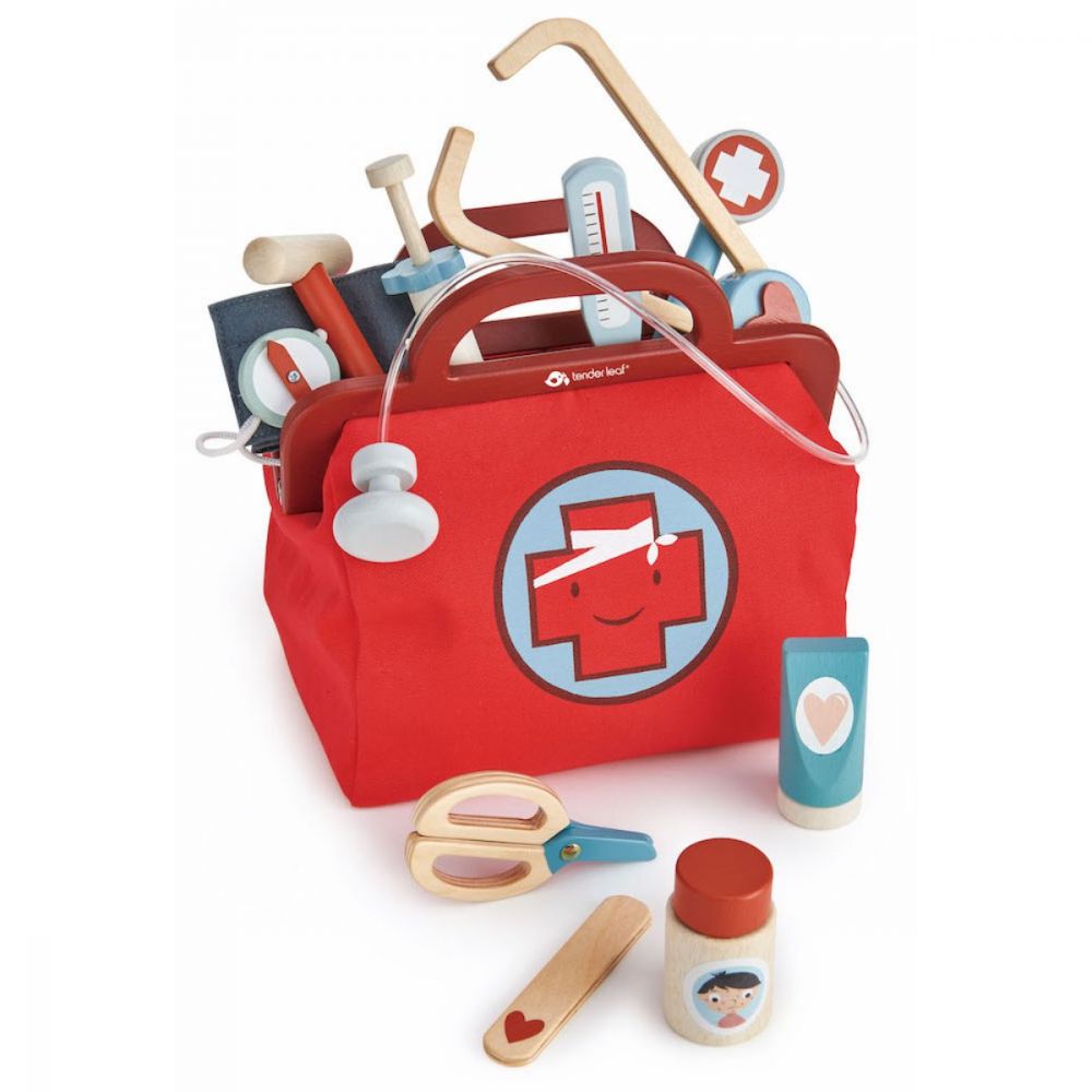 Geanta medic din lemn, Tender Leaf Toys, cu 16 instrumente