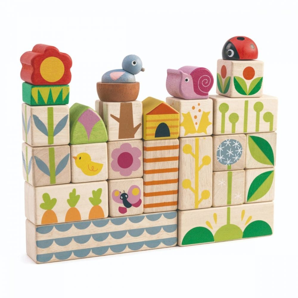 Cuburi stivuibile din lemn, Tender Leaf Toys, cu ilustratii din gradina, 24 piese