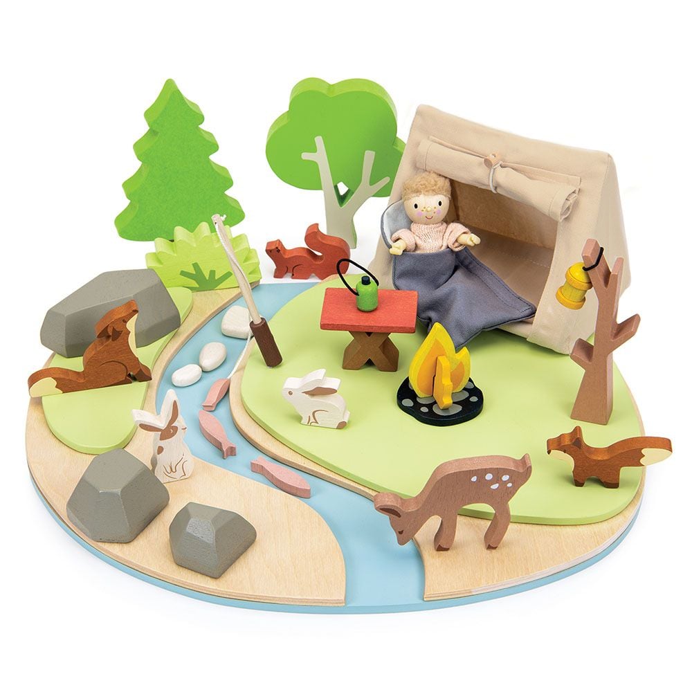 Set de joaca, camping in natura, din lemn premium, Tender Leaf Toys