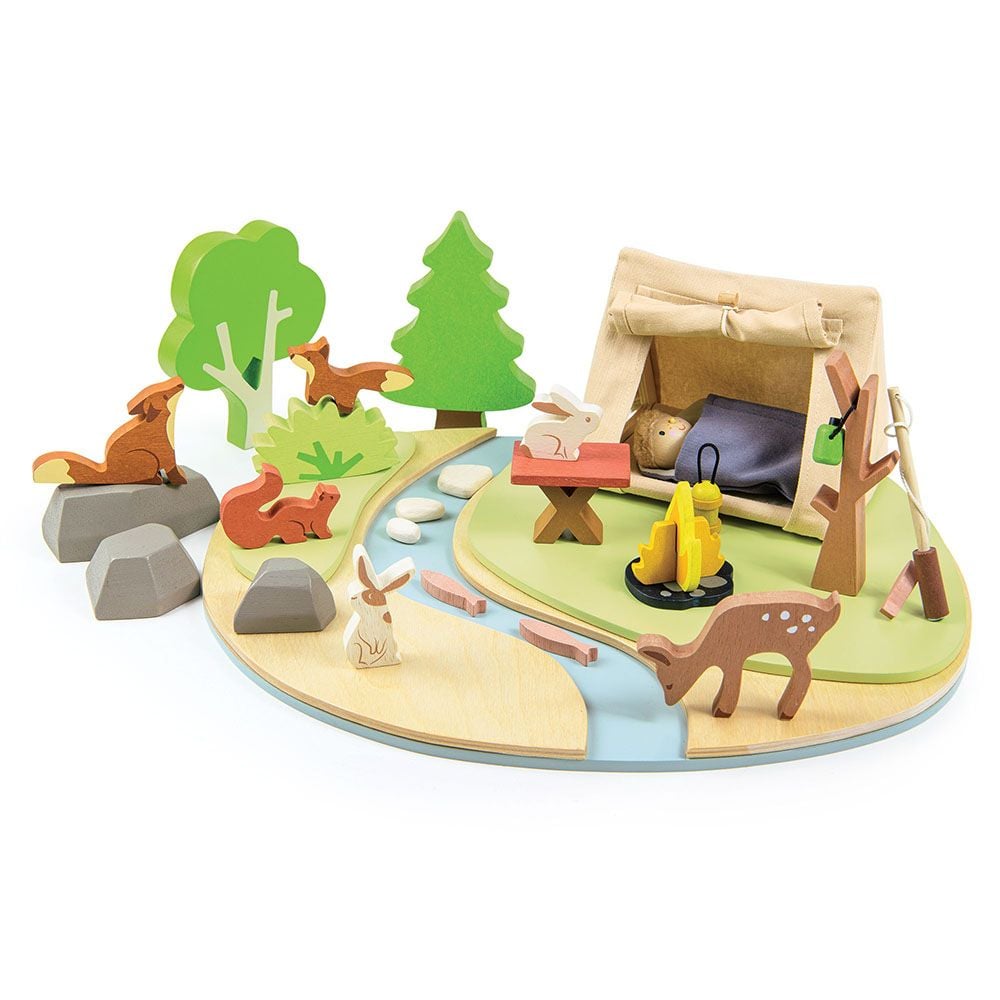 Set de joaca, camping in natura, din lemn premium, Tender Leaf Toys