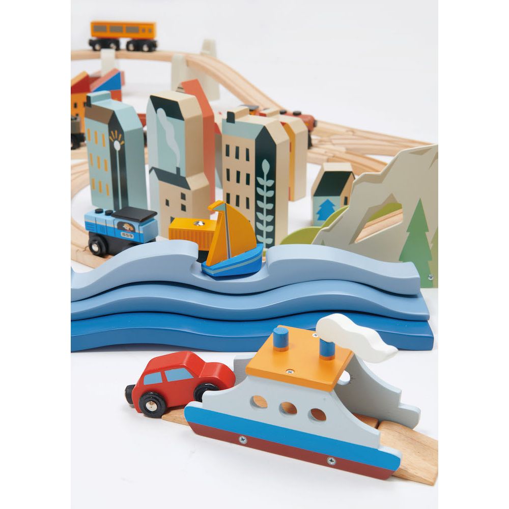 Set de tren cu vedere la munte, Tender Leaf Toys, din lemn premium