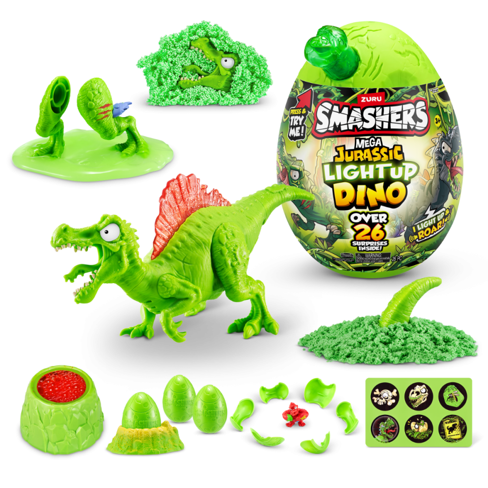 Figurina dinozaur in ou, Smashers, Mega Dino Jurassic Light-Up, Verde, S1