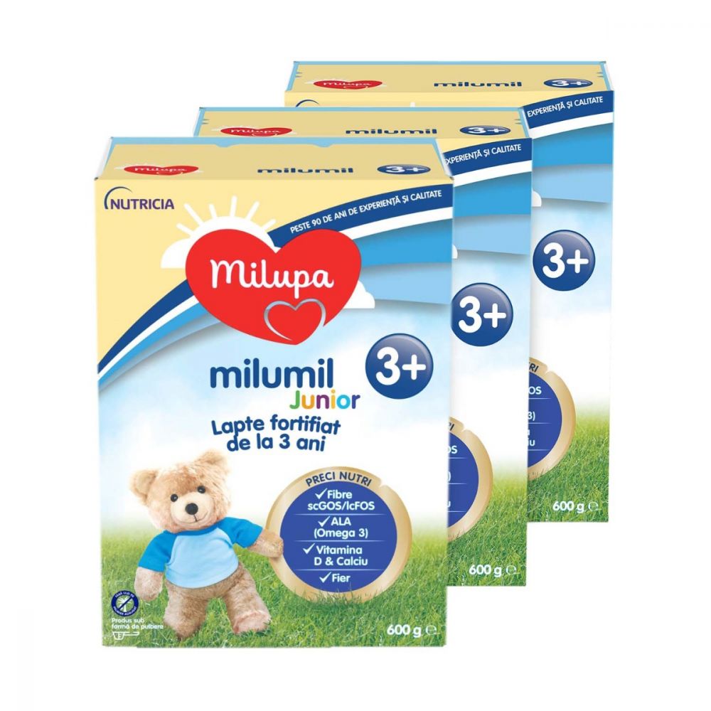Lapte praf Milupa Trio Pack, Milumil Junior 3+, 600 g, 36 luni+