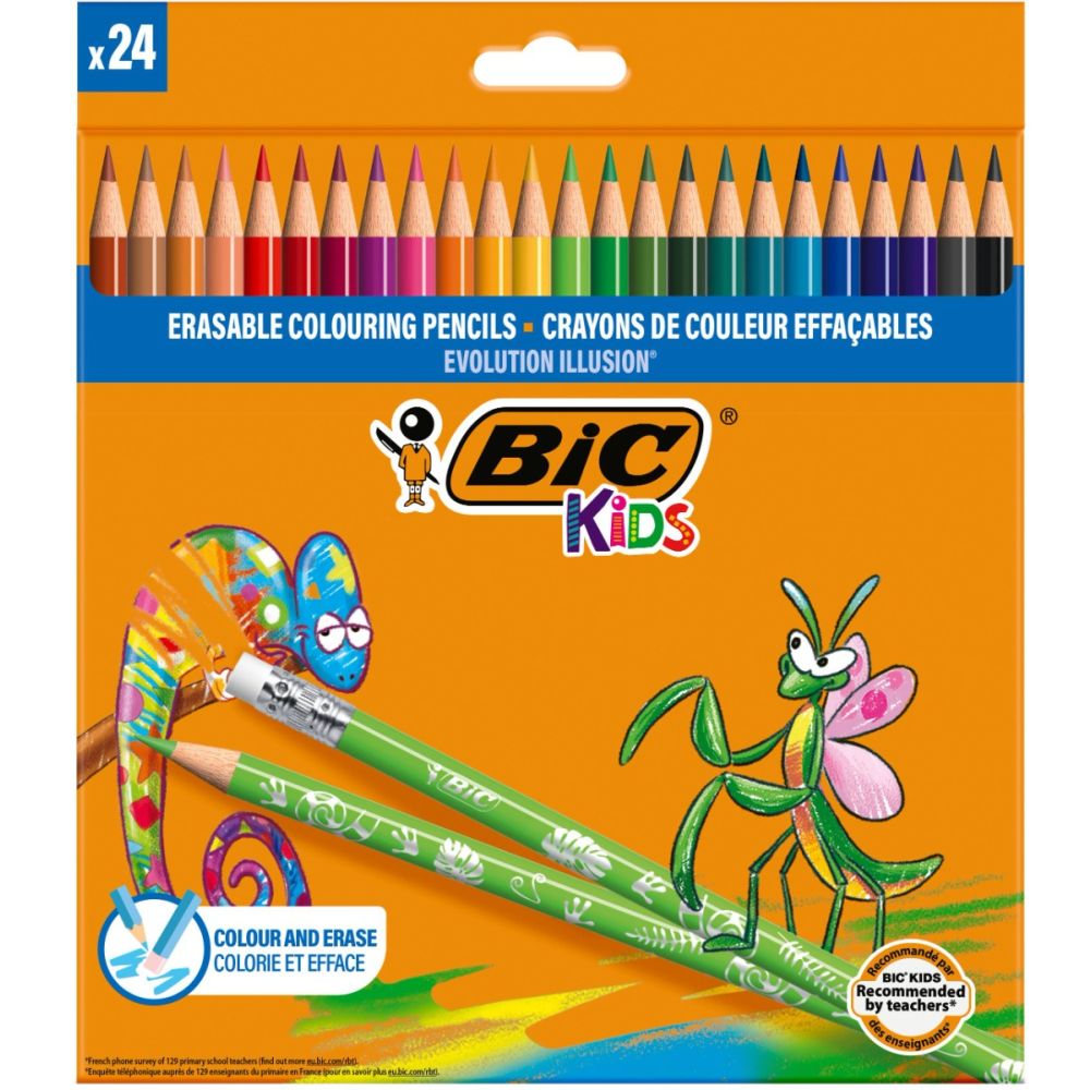 Creioane colorate cu guma de sters Evolution Illusion Bic, 24 culori