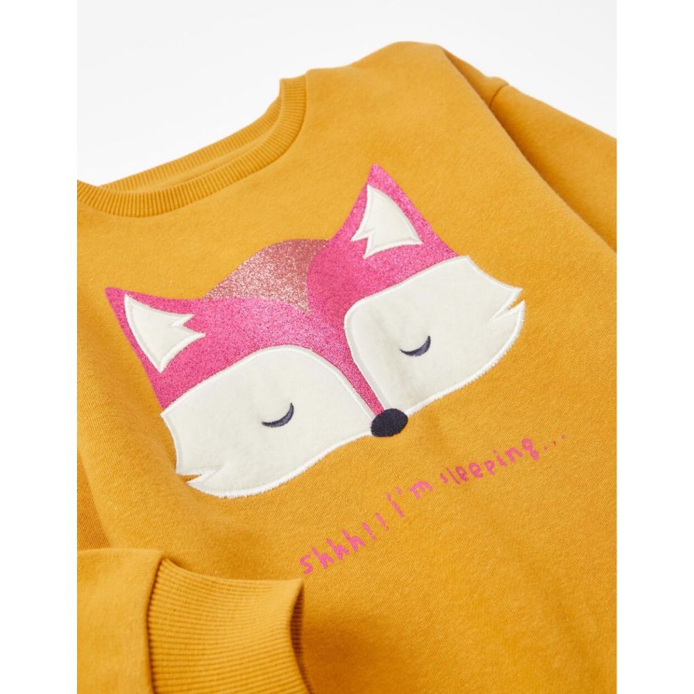 Bluza cu maneca lunga si imprimeu frontal Sleeping fox, Zippy, galben
