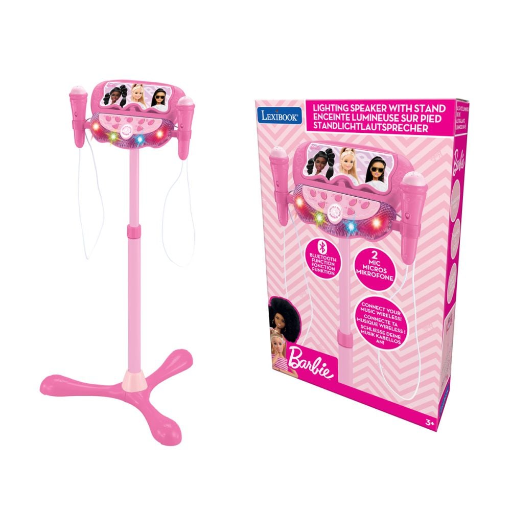 Stativ reglabil cu 2 microfoane, Lexibook Barbie, efecte vocale, lumini si bluetooth speaker, Roz