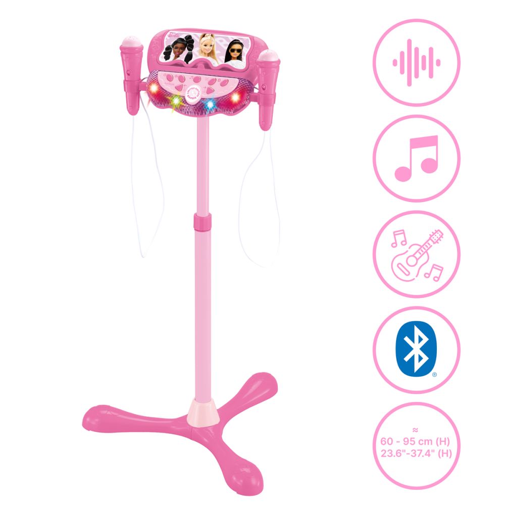 Stativ reglabil cu 2 microfoane, Lexibook Barbie, efecte vocale, lumini si bluetooth speaker, Roz