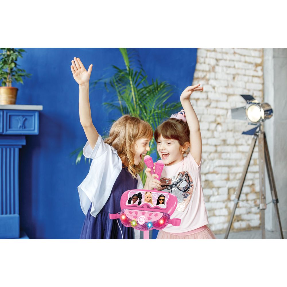 Stativ reglabil cu 2 microfoane, Lexibook Barbie, efecte vocale, lumini si bluetooth speaker, Roz