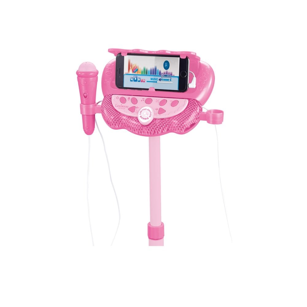 Stativ reglabil cu 2 microfoane, Lexibook Barbie, efecte vocale, lumini si bluetooth speaker, Roz