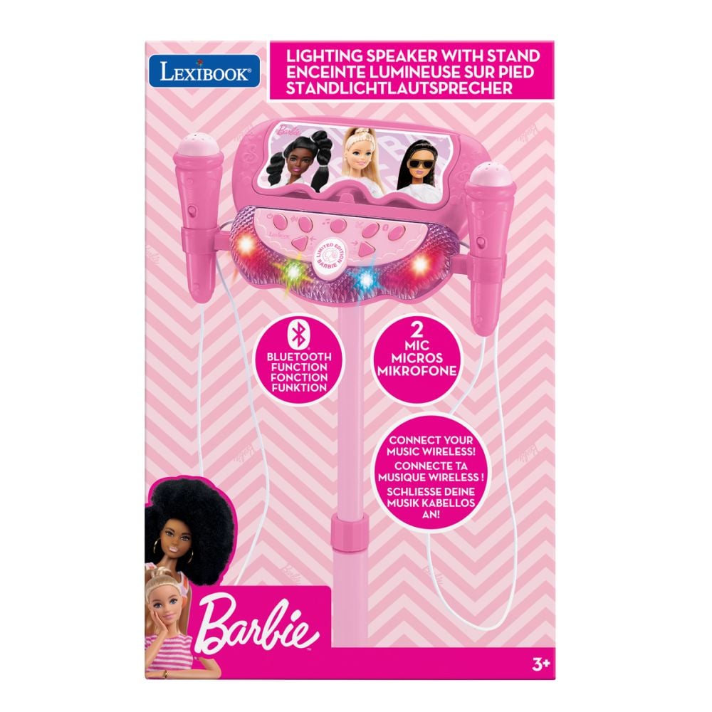 Stativ reglabil cu 2 microfoane, Lexibook Barbie, efecte vocale, lumini si bluetooth speaker, Roz