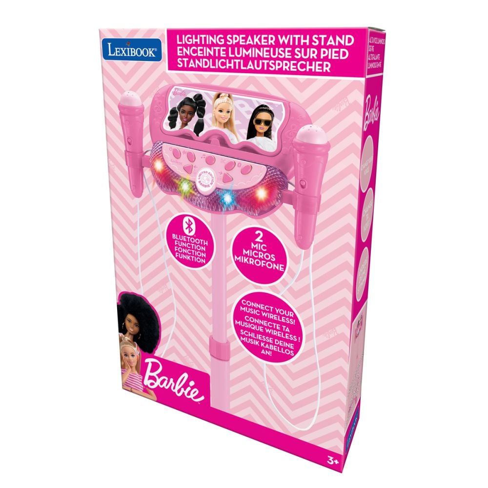Stativ reglabil cu 2 microfoane, Lexibook Barbie, efecte vocale, lumini si bluetooth speaker, Roz