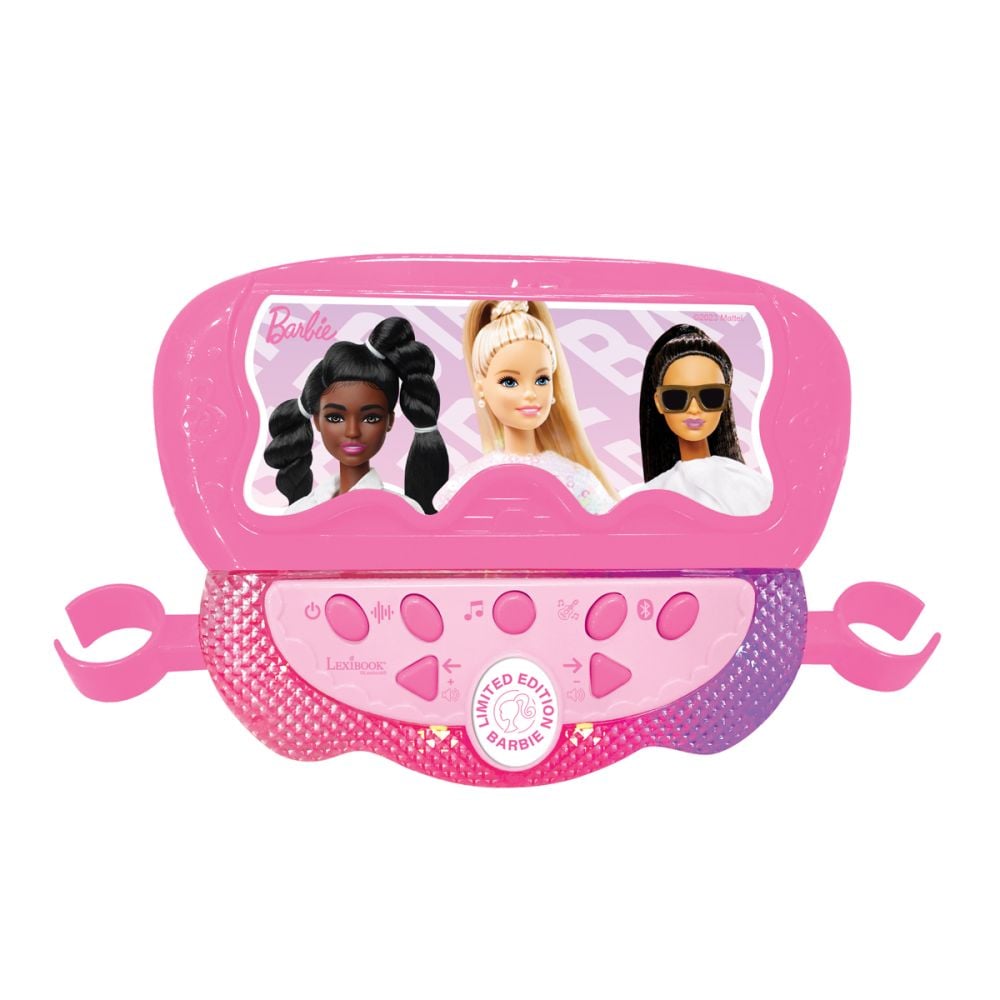 Stativ reglabil cu 2 microfoane, Lexibook Barbie, efecte vocale, lumini si bluetooth speaker, Roz