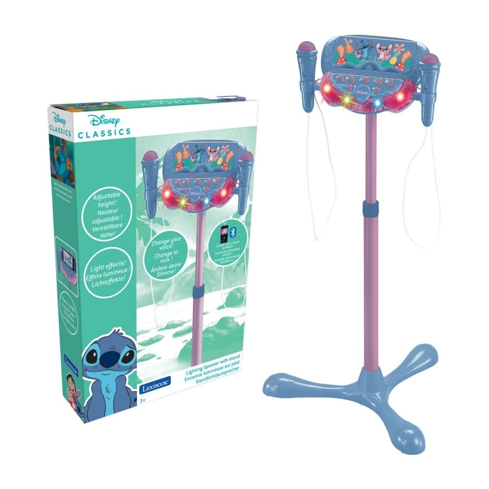 Stativ reglabil cu 2 microfoane, Lexibook Stitch, efecte vocale, lumini si bluetooth speaker, Albastru