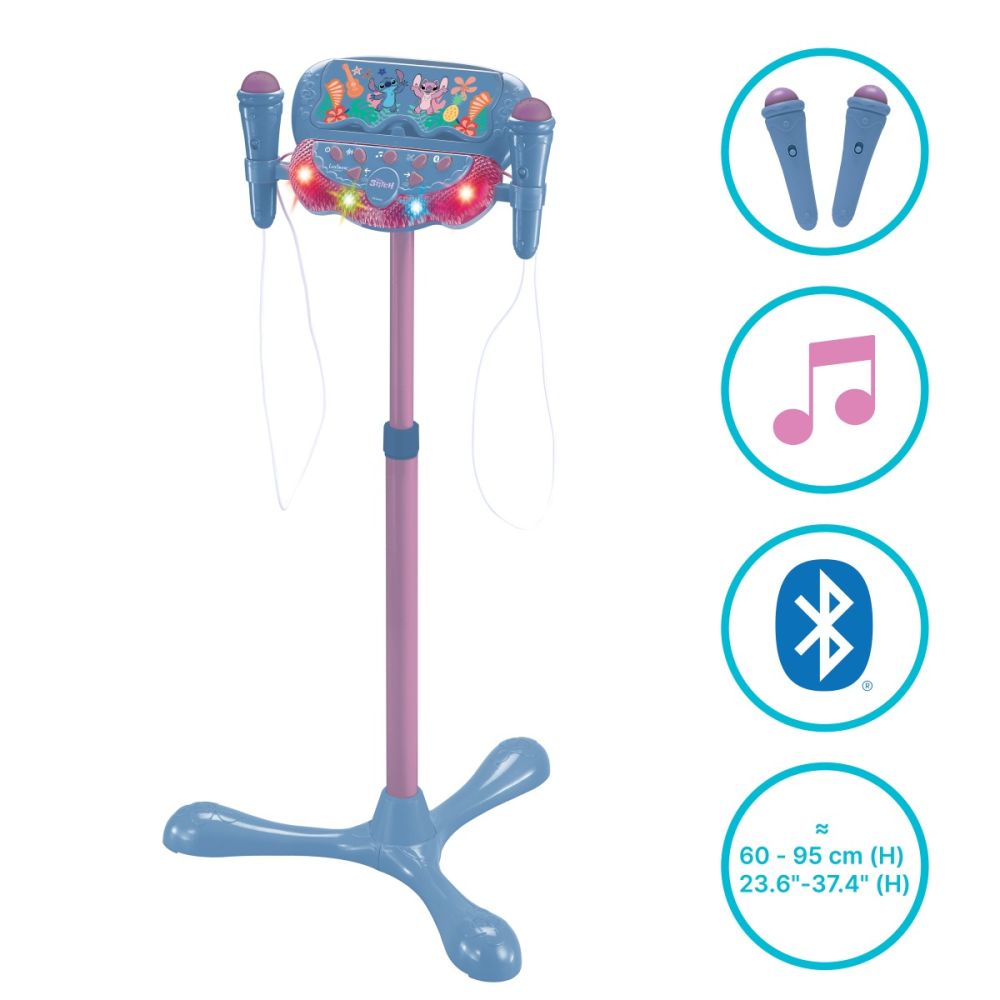 Stativ reglabil cu 2 microfoane, Lexibook Stitch, efecte vocale, lumini si bluetooth speaker, Albastru