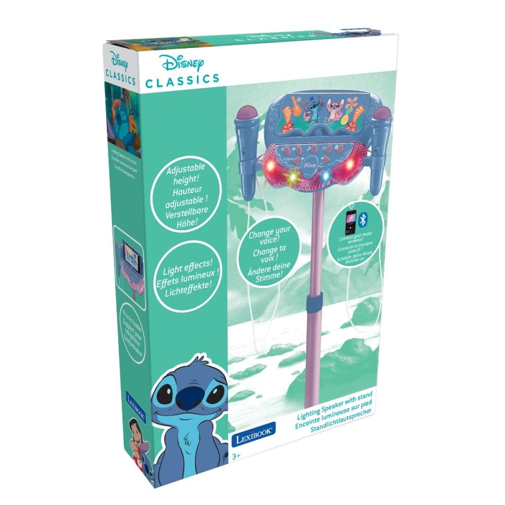 Stativ reglabil cu 2 microfoane, Lexibook Stitch, efecte vocale, lumini si bluetooth speaker, Albastru