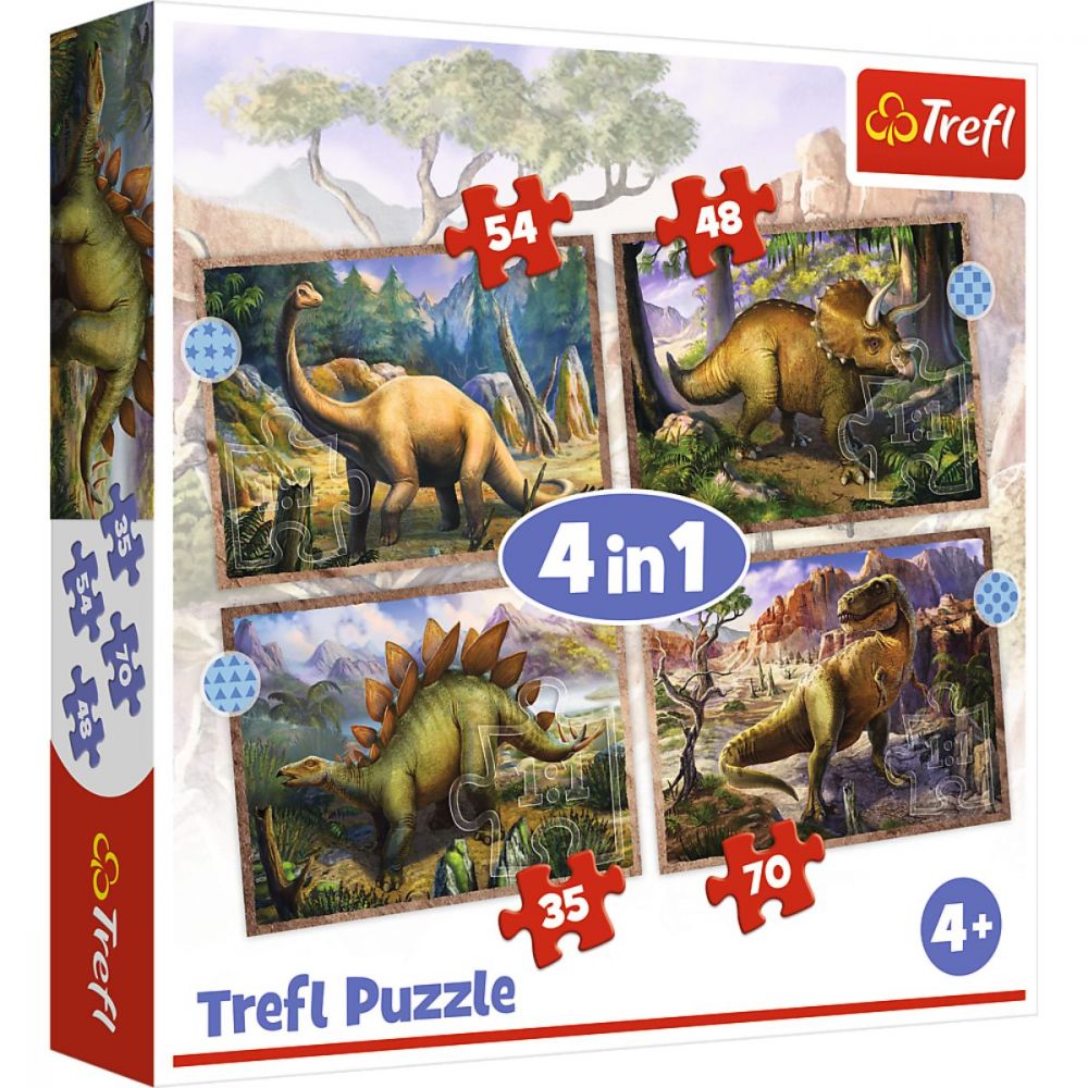 Puzzle 4 in 1, Trefl, Dinozauri interesanti (35, 48, 54 si 70 piese)