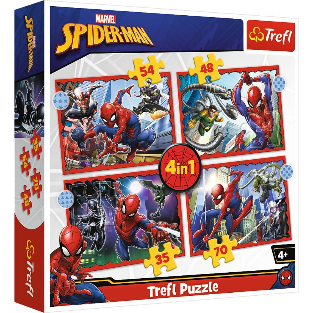 Puzzle 4 in 1, Trefl, Eroul Spiderman (35, 48, 54 si 70 piese)