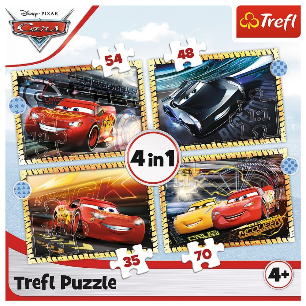 Puzzle 4 in 1, Trefl, Pe locuri, fiti gata, start, Disney Cars 3 (35, 48, 54 si 70 piese)
