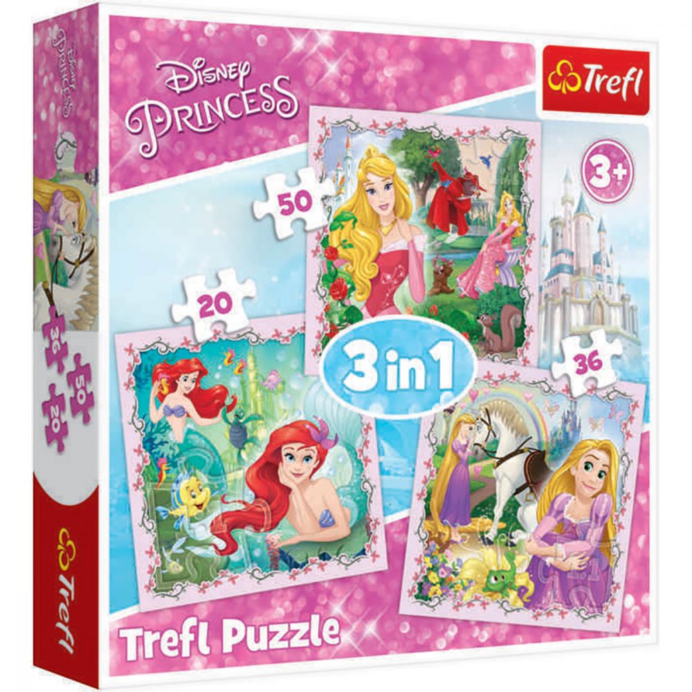 Puzzle 3 in 1 Trefl, Disney Princess, Rapunzel, Aurora si Ariel (20, 36, 50 piese)
