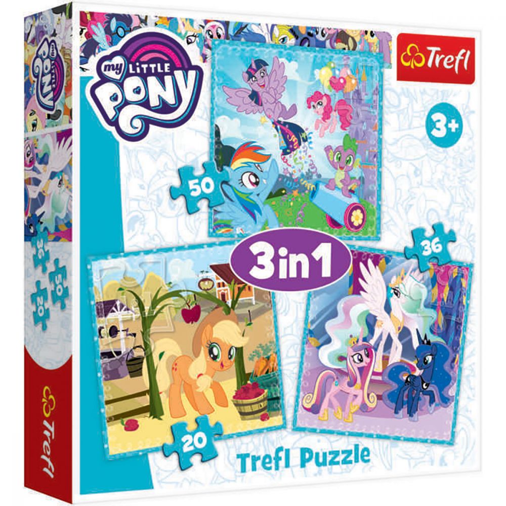 Puzzle 3 in 1 Trefl, My Little Pony, Zilele fericite ale poneilor (20, 36, 50 piese)