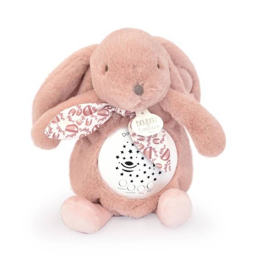 Veioza muzicala cu proiectie, Doudou, Iepuras pufos, 19 cm, Roz