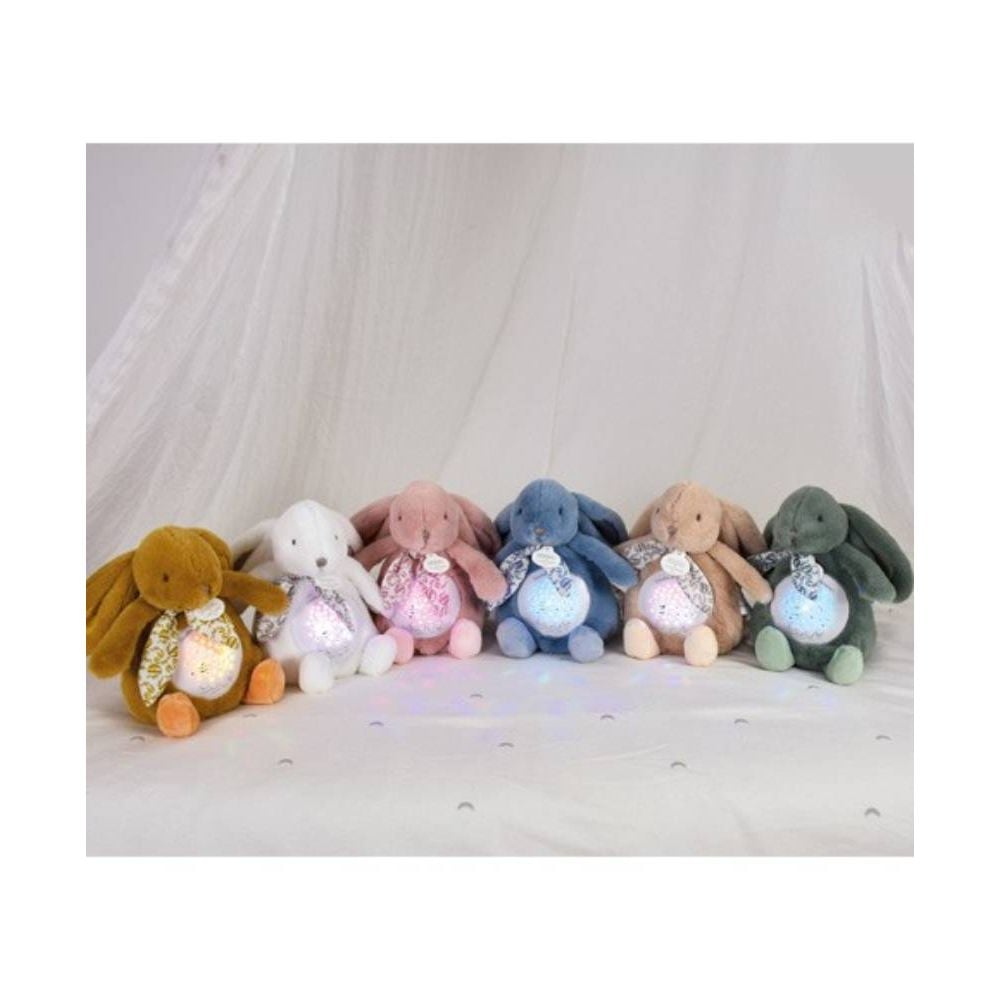 Veioza muzicala cu proiectie, Doudou, Iepuras pufos, 19 cm, Roz