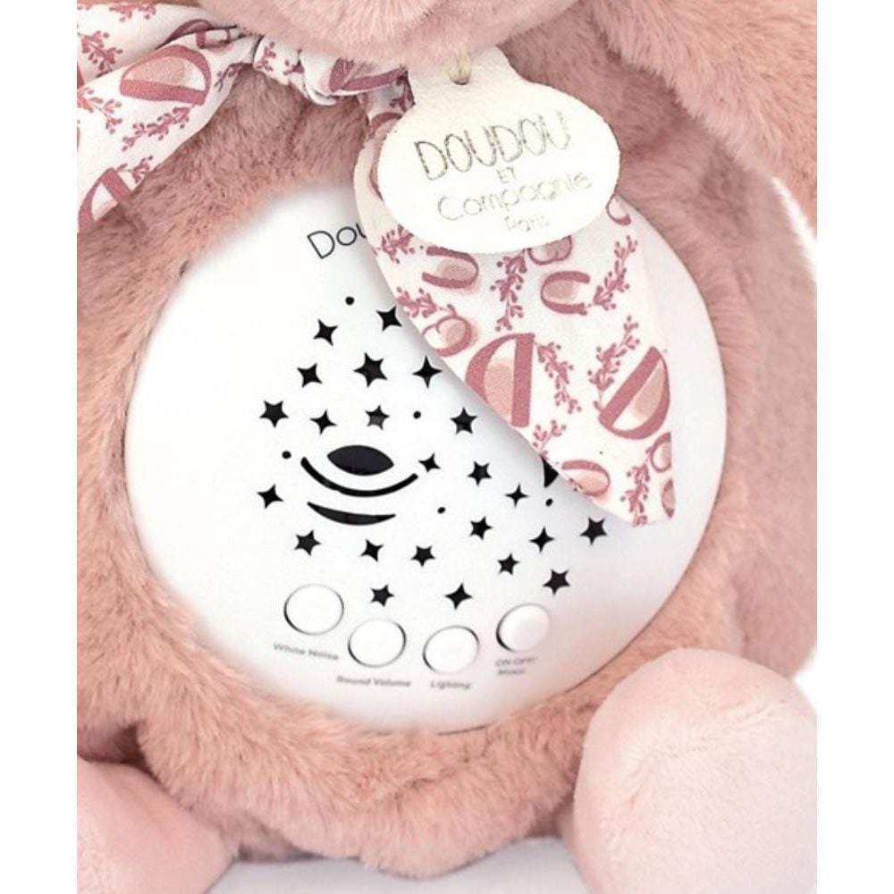 Veioza muzicala cu proiectie, Doudou, Iepuras pufos, 19 cm, Roz