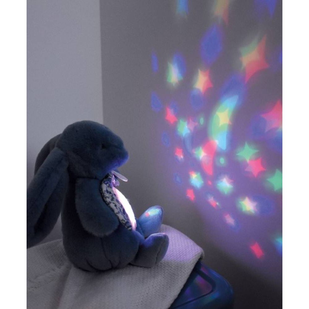 Veioza muzicala cu proiectie, Doudou, Iepuras pufos, 19 cm, Albastru