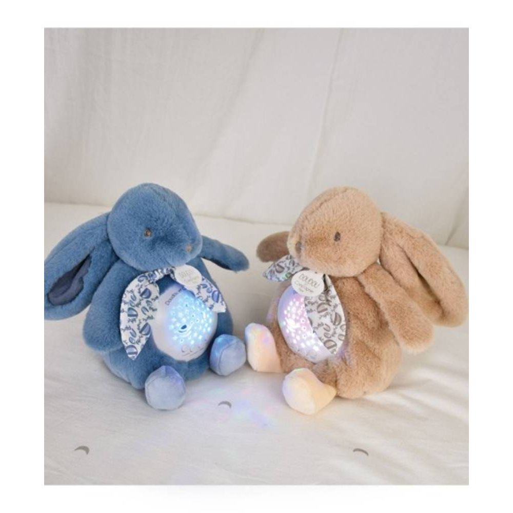 Veioza muzicala cu proiectie, Doudou, Iepuras pufos, 19 cm, Albastru