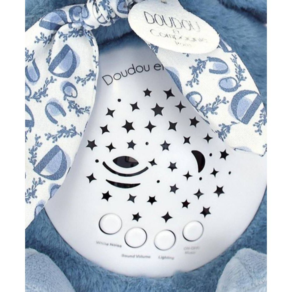 Veioza muzicala cu proiectie, Doudou, Iepuras pufos, 19 cm, Albastru