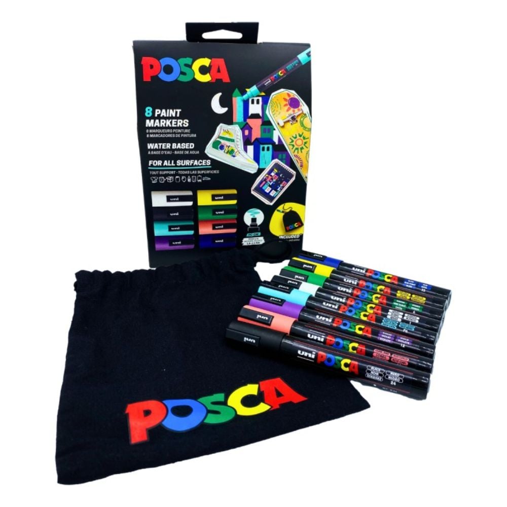 Set markere Posca, UNI PC-5M, 1.8-2.5 MM, cutie de carton si saculet, 8 culori