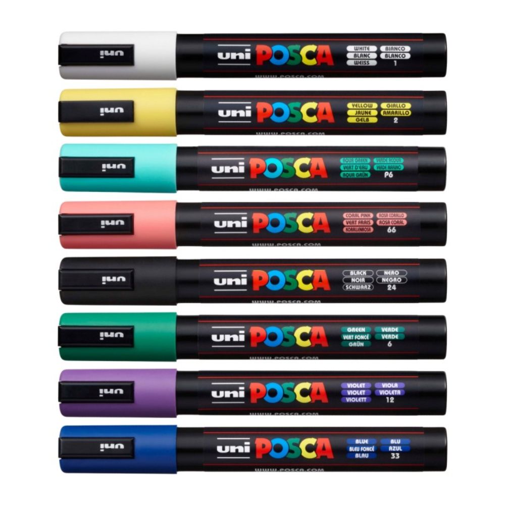 Set markere Posca, UNI PC-5M, 1.8-2.5 MM, cutie de carton si saculet, 8 culori