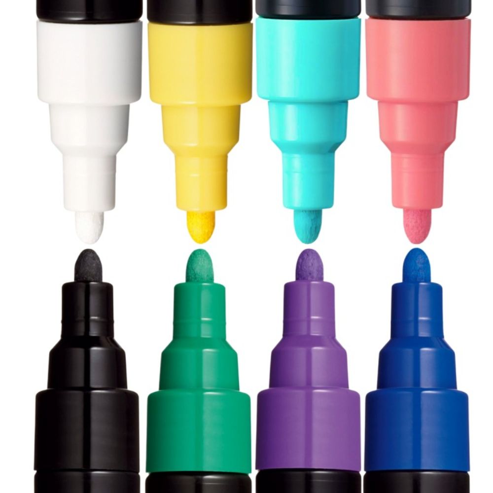 Set markere Posca, UNI PC-5M, 1.8-2.5 MM, cutie de carton si saculet, 8 culori