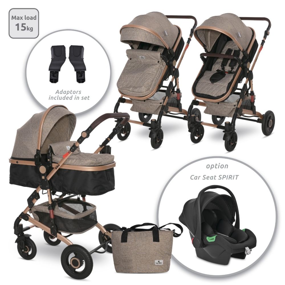 Carucior transformabil, Lorelli Alba Premium, set adaptori pentru cosulet auto inclus, Pearl Beige