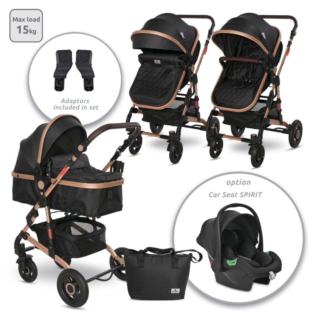 Carucior transformabil, Lorelli Alba Premium, set adaptori pentru cosulet auto inclus, Black