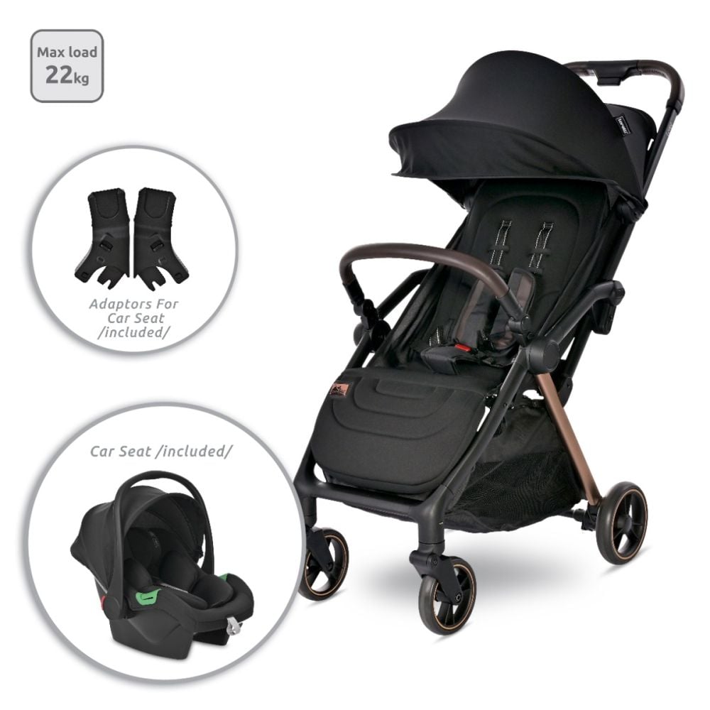 Carucior 2 in 1 autofold, Lorelli Loret, set adaptori inclus, cosulet auto inclus, pana la 22 kg, Black Jasper