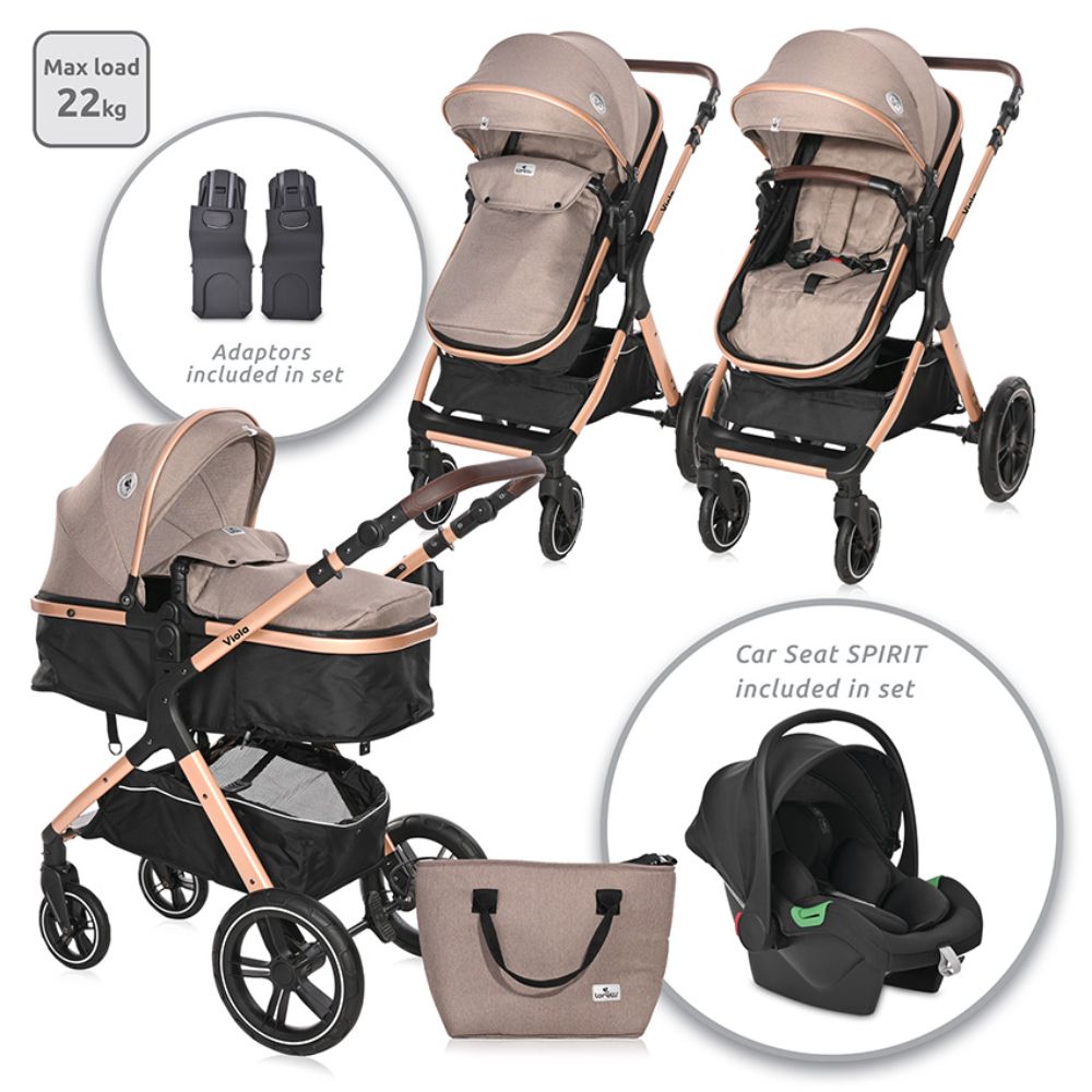 Carucior Lorelli Viola, Cos auto inclus, set adaptori, pana la 22 kg, Pearl Beige