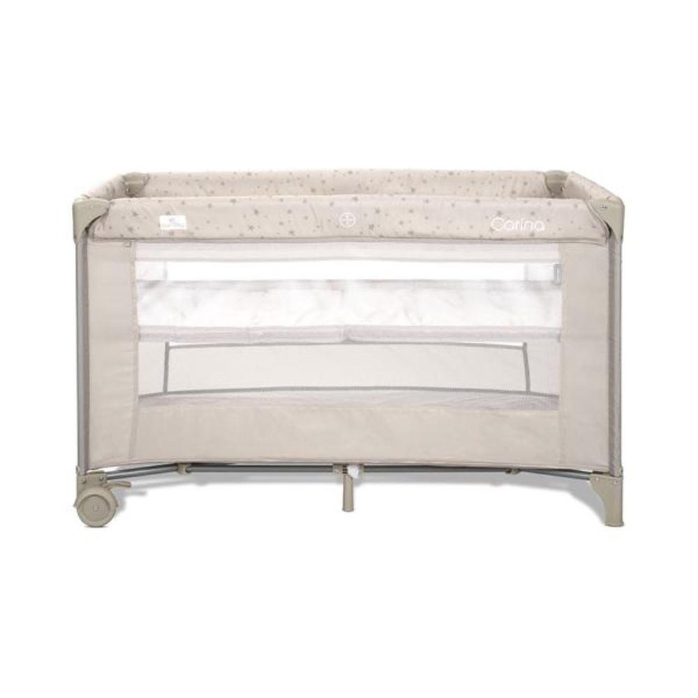 Patut pliabil, Lorelli Carina, 2 nivele, deschidere laterala cu fermoar, prevazut cu roti cu frana, Beige Stars