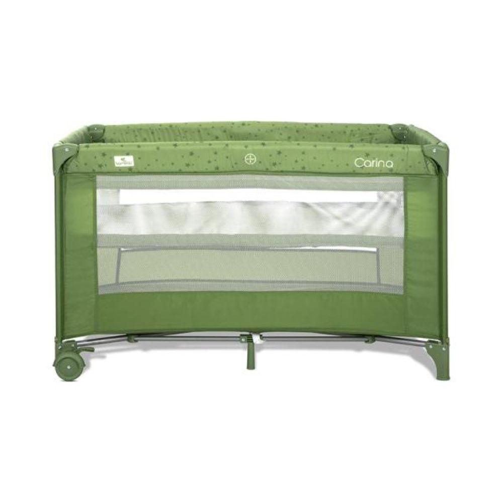 Patut pliabil, Lorelli Carina, 2 nivele, deschidere laterala cu fermoar, prevazut cu roti cu frana, Green Stars