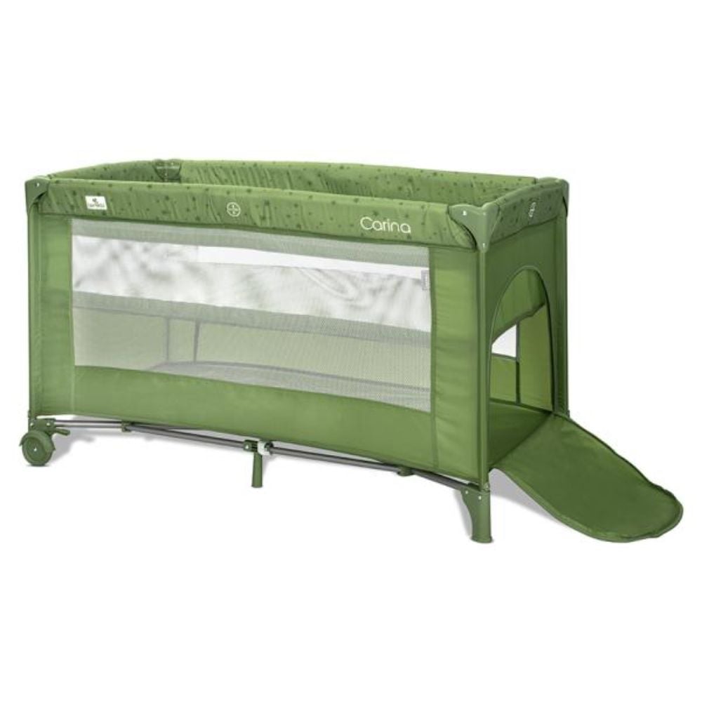 Patut pliabil, Lorelli Carina, 2 nivele, deschidere laterala cu fermoar, prevazut cu roti cu frana, Green Stars