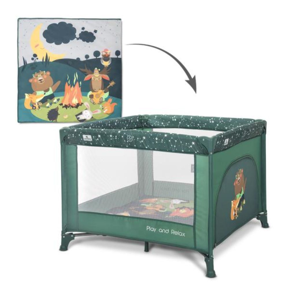 Tarc de joaca, Lorelli Play N Relax, 100 x 100 x 75 cm, deschidere laterala, geanta de transport, Green Night