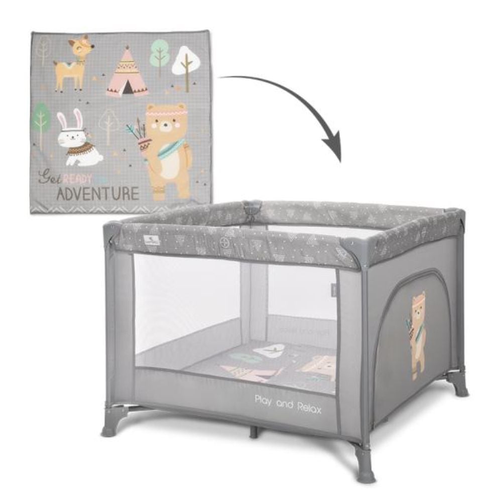 Tarc de joaca, Lorelli Play N Relax, 100 x 100 x 75 cm, deschidere laterala, geanta de transport, Grey Adventure