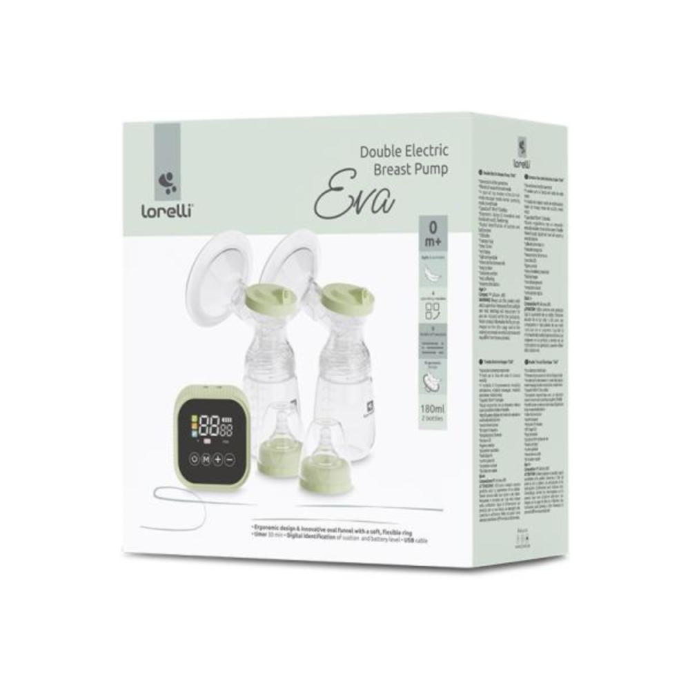 Pompa de san electrica dubla, Lorelli Eva, 4 moduri de operare, 2 sesiuni simultan, functie masaj, 9 niveluri de aspiratie, 180 ml x 2, Green