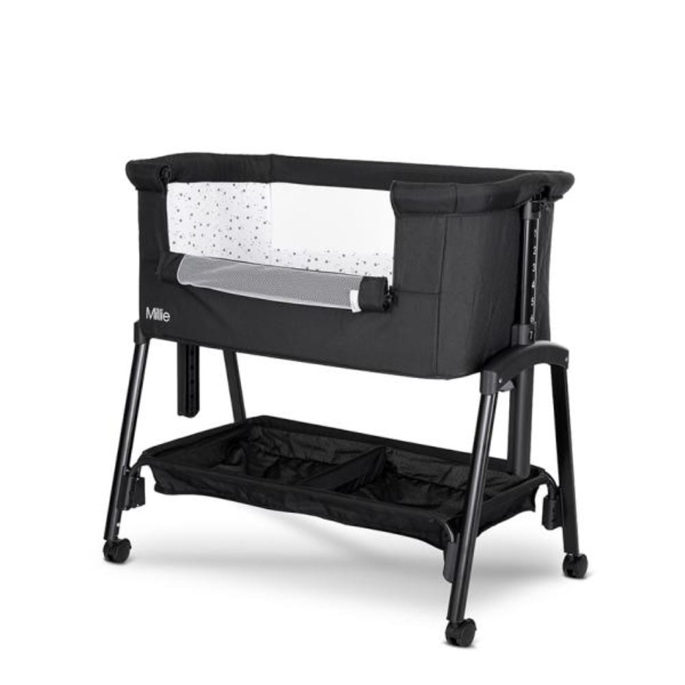 Patut Co Sleeper, Lorelli Millie, inaltime reglabila 7 pozitii, sistem antireflux, plasa de tantari, saltea inclusa, Black