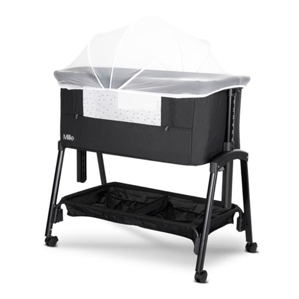 Patut Co Sleeper, Lorelli Millie, inaltime reglabila 7 pozitii, sistem antireflux, plasa de tantari, saltea inclusa, Black