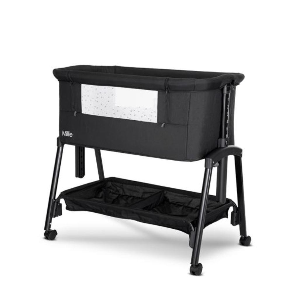Patut Co Sleeper, Lorelli Millie, inaltime reglabila 7 pozitii, sistem antireflux, plasa de tantari, saltea inclusa, Black