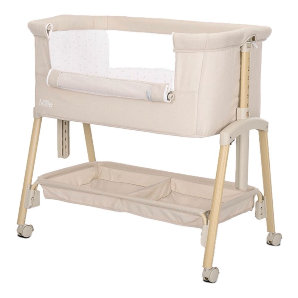 Patut Co Sleeper, Lorelli Millie, inaltime reglabila 7 pozitii, sistem antireflux, plasa de tantari, saltea inclusa, Beige