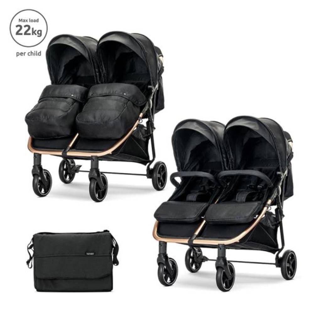 Carucior pentru gemeni, Lorelli Duo, pana la 22 kg , cadru din aluminiu, spatar reglabil pozitii multiple, geanta inclusa, Black