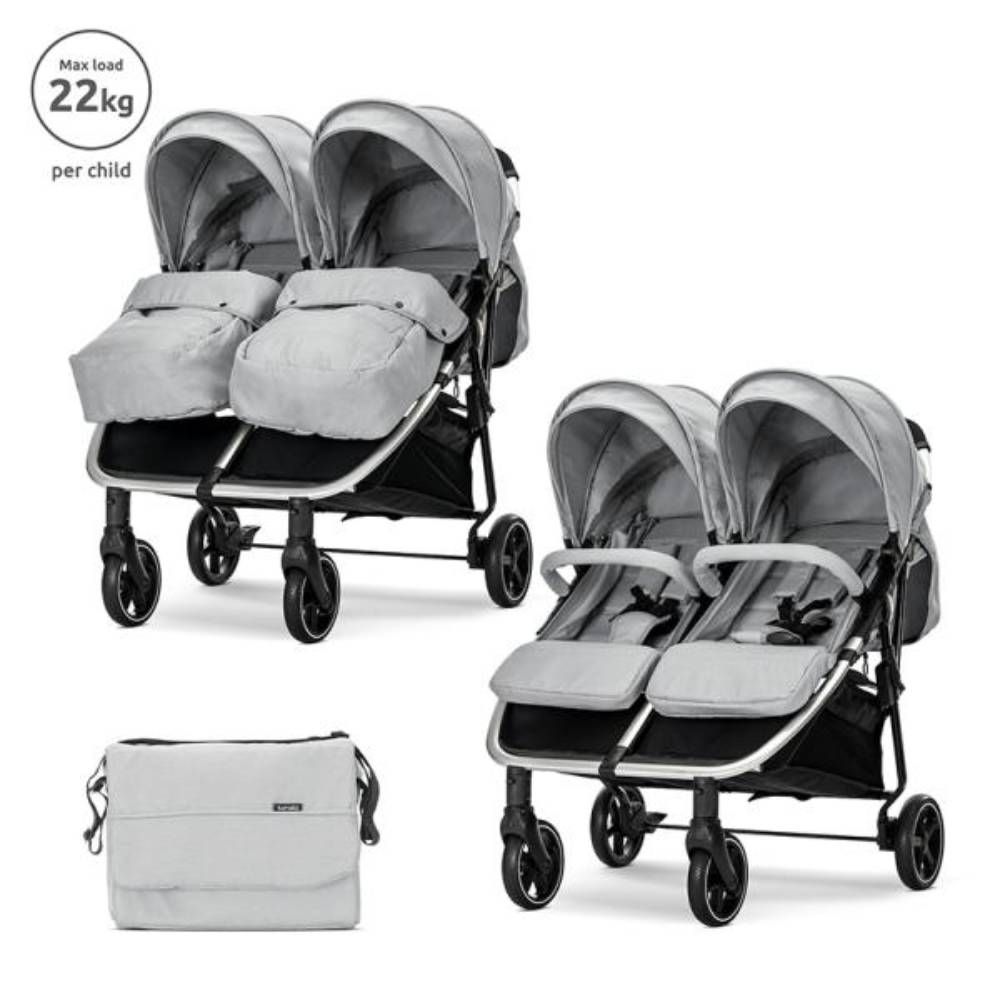 Carucior pentru gemeni, Lorelli Duo, pana la 22 kg , cadru din aluminiu, spatar reglabil pozitii multiple, geanta inclusa, Grey