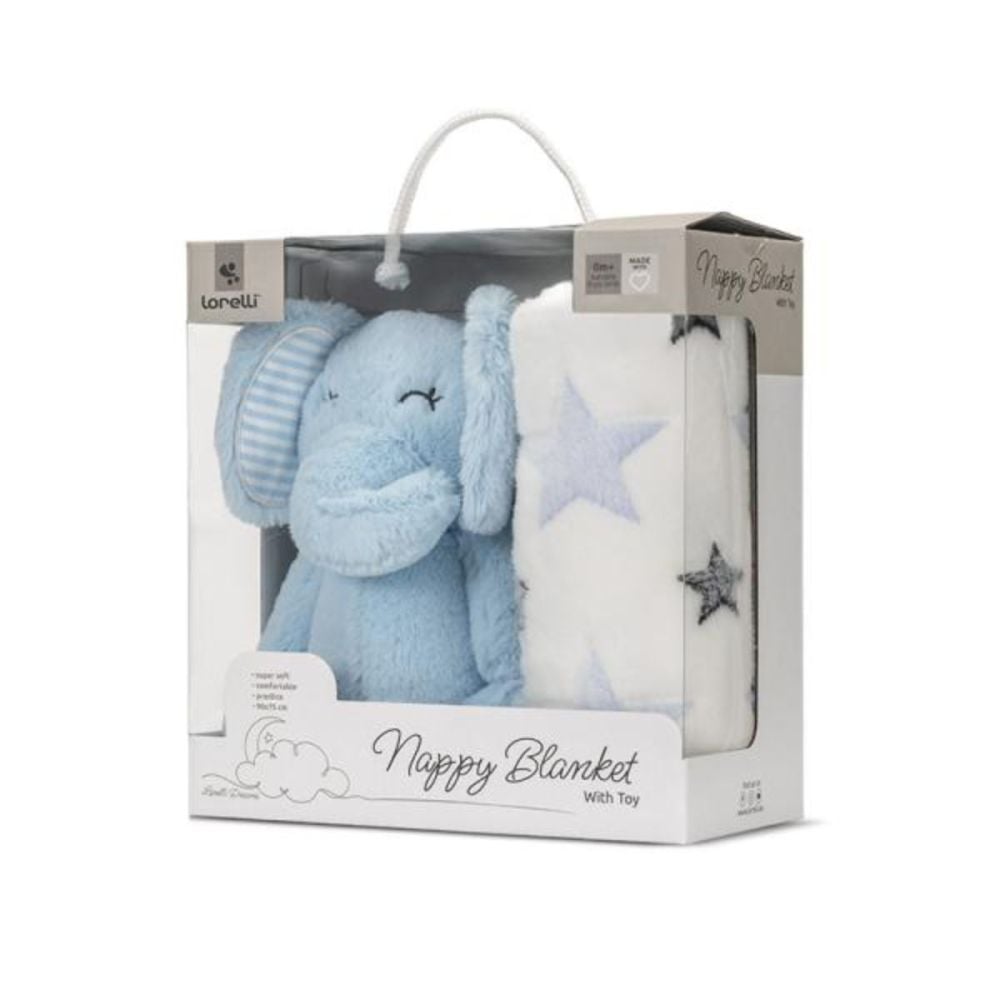 Paturica moale cu jucarie din plus, Lorelli Nappy, 90 x 75 cm, Elefant, Blue